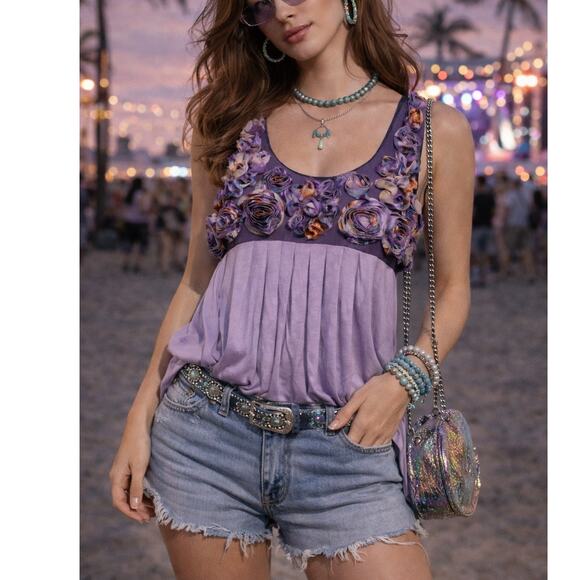 Vintage Tops - Seventh Avenue Y2K rosette flower long line tank top tunic purple size medium M